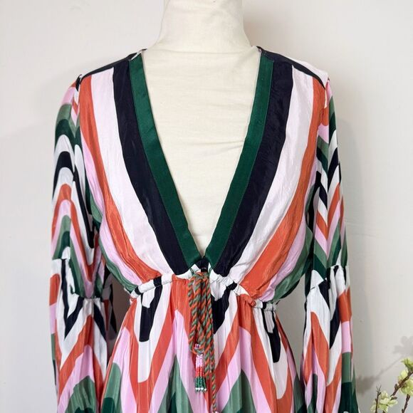 FARM Rio * Wave Gradient Maxi Dress Long Sleeve Drawstring Waist Multicolor Larg - Picture 6 of 16